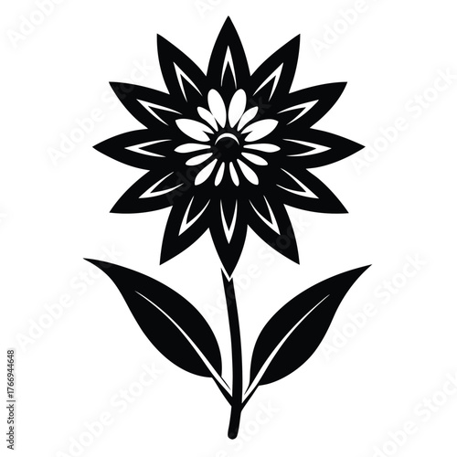 Black stylized sunflower with pointy petals and two leaves in a simple botanical arrangement