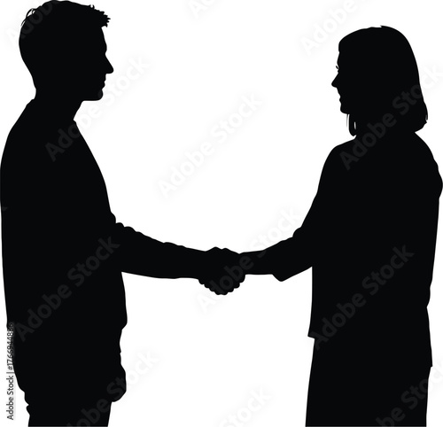 Businessmen Handshake Silhouette, Professional Agreement Vector. silhouette of business people  man and woman shaking hands