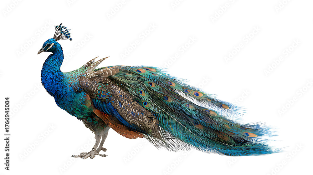 Obraz premium peacock with open feathers isolated on a white background