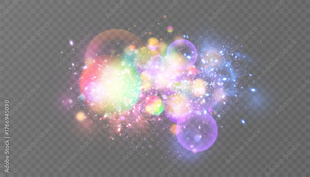 Fototapeta premium Pastel, multi-colored magic of bright bokeh sparkles with colorful highlights, soft haze, and scattered sparkle dust against a transparent background.
