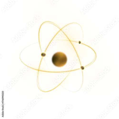 Golden atom with soft glow: central nucleus and three electron orbits on a clean white background.