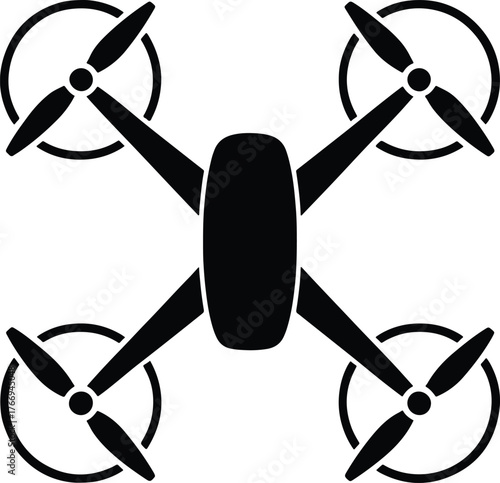 Black drone quadcopter icon with rotors and arms overhead view