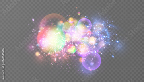 Pastel, multi-colored magic of bright bokeh sparkles with colorful highlights, soft haze, and scattered sparkle dust against a transparent background.