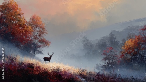 Painterly Dawn: Solitary Stag Amidst Sun-Kissed Mist and Autumn Hues