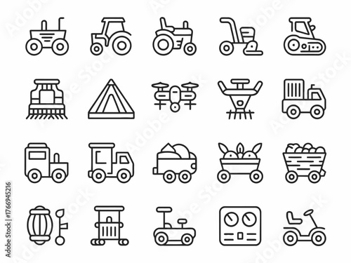 Agricultural and Farming Machinery Icon Set Representing Various Equipment and Tools for Crop Cultivation and Harvesting in Vector Format