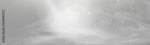 Winter snowstorm effect with snow, cold wind effect, soft fog and small snow particles on transparent background; winter Christmas design element.
