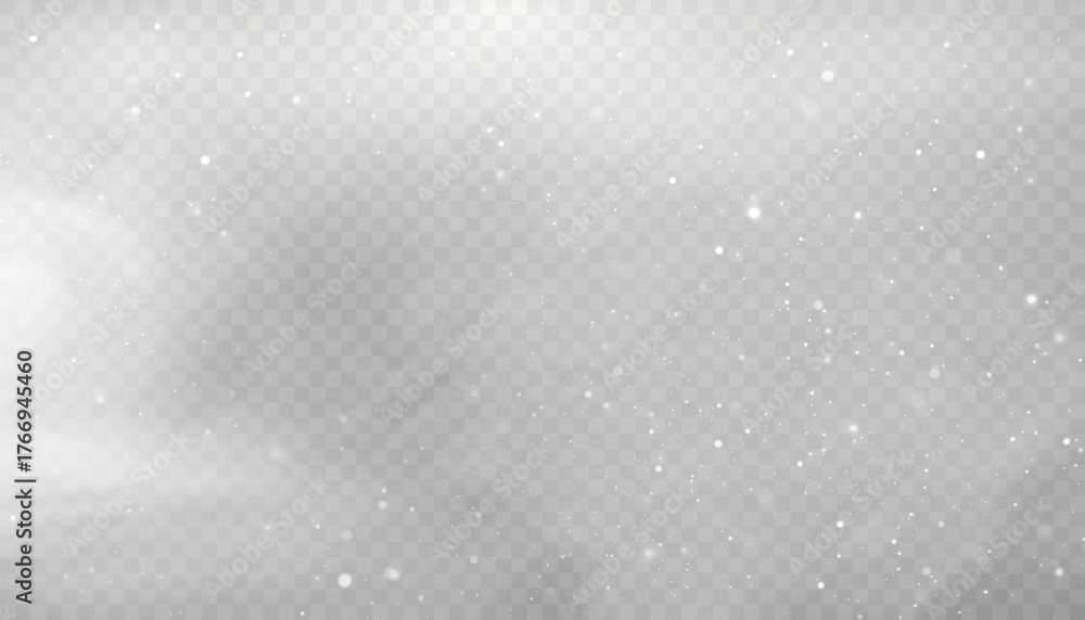 Winter snowstorm effect with snow, cold wind effect, soft fog and small snow particles on transparent background; winter Christmas design element.