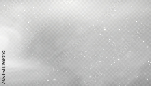 Winter snowstorm effect with snow, cold wind effect, soft fog and small snow particles on transparent background; winter Christmas design element.