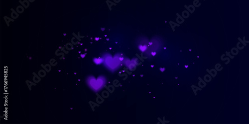 Purple glowing heart bokeh with soft haze and scattered particles on a dark background.