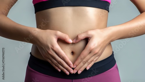 Woman, heart and hands on stomach for fitness, weightloss diet or holistic gut wellness. Closeup female abdomen, love fingers or belly emoji of body digestion, skincare and healthy exercise in nature