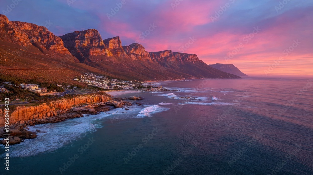 Fototapeta premium Vibrant Sunset Over Twelve Apostles Mountains and Camps Bay Coast, Cape Town