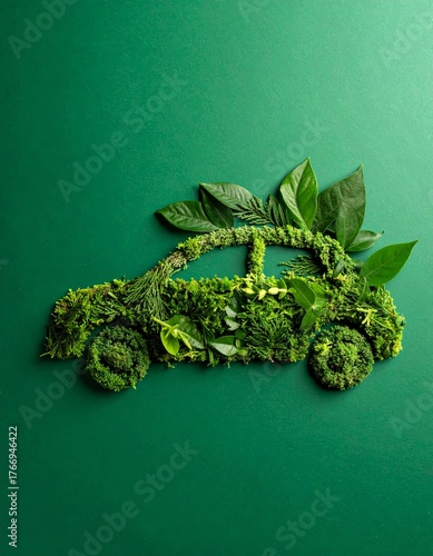 car formed by green leaves and branches on a green background. Car ecology concept