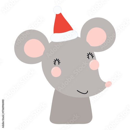 Mouse in a Santa Claus hat isolated on transparent. Hand drawn flat vector illustration. Cute cartoon character. Traditional Christmas, New Year, seasonal design element, holiday clip art