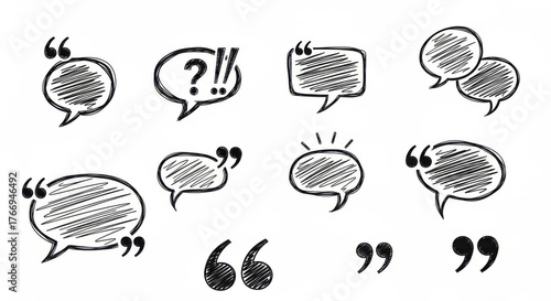 Collection of hand drawn speech bubbles and quotation marks on a white background