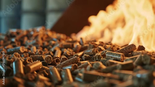 Wood pellets stacked near an intense flame at a biomass processing facility in a rural setting during daytime operations
