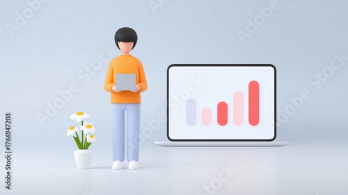 3D illustration of a person holding a tablet, standing beside a laptop displaying a growth chart, with a potted flower adding a touch of nature to the modern workspace