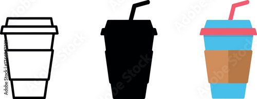 Set of coffee cup icons in various styles representing coffee break time concept