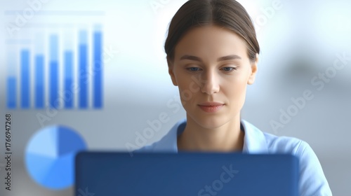 Professional woman focused on laptop screen, analyzing data with graphs and charts displayed, showcasing modern workspace and digital analytics in a bright environment