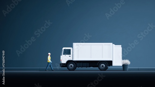 Worker in yellow safety vest walking beside a white delivery truck on a dark street, showcasing urban logistics and transportation in a modern setting