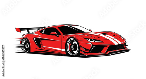 Dynamic vector illustration of a modern red sports car with racing stripes and a spoiler. High-speed custom vehicle graphic for automotive design