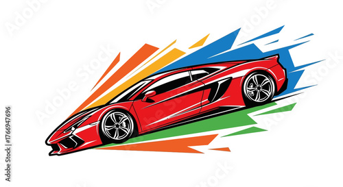 Dynamic Red Sports Car in Motion with Abstract Colorful Streaks