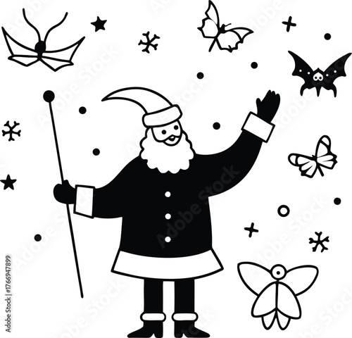 Flat vector line art illustration of santa claus conducting a festive night orchestra with joyful musical notes and stars for christmas celebration