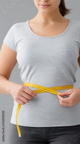 Woman measuring her waist with a yellow tape measure while wearing a gray t-shirt, showcasing body measurement and health awareness in a neutral setting