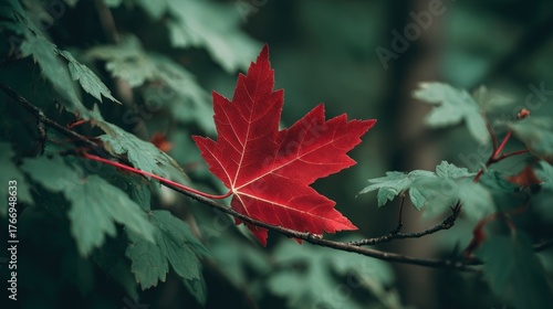 Striking Red Maple Leaf with Luminous Veins Against Dark Green Forest Backdrop