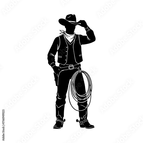 silhouette of a cowboy wearing a hat and a whip at his waist
