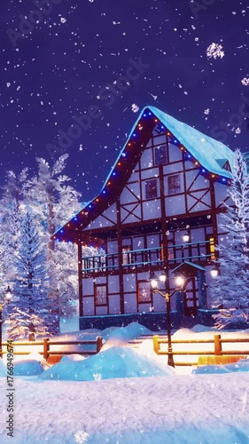 Dreamlike rural landscape of snowbound mountain village ski resort with cozy illuminated half-timbered alpine house among snow covered fir trees at snowy winter night. No people vertical 3D animation.