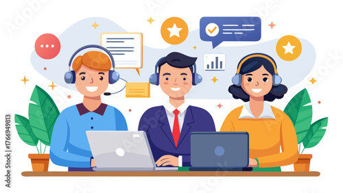 Diverse team of smiling customer service representatives wearing headsets and working on laptops at their desks