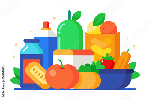 A vibrant flat illustration of a grocery haul featuring fresh produce packaged goods and bottles on a white background
