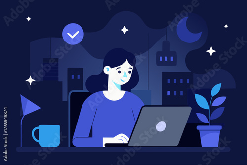 A young woman working on her laptop at night with a city skyline moon and stars in the background