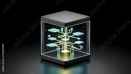 A 3D Explainable AI (XAI) concept A transparent black box revealing the glowing, organized