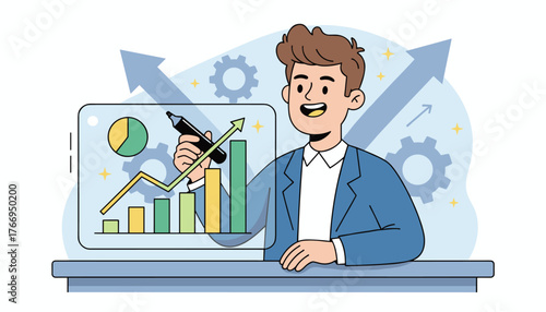 Dynamic illustration of a smiling entrepreneur in a blue suit, actively drawing an upward trending bar graph and line chart on a digital screen, symbolizing business growth, success, and financial