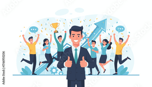 Successful business team celebrating victory with confetti and trophy, leader giving thumbs up, concept of teamwork, achievement, motivation, and career growth, vibrant illustration with upward arrow