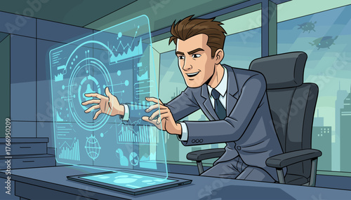Smiling businessman in a suit interacting with a futuristic holographic interface displaying charts and graphs, seated in an office chair with a city skyline visible through the window, representing