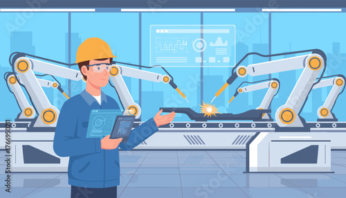 A male engineer in a hard hat and safety glasses monitors a robotic welding process on a factory assembly line, holding a tablet displaying data and charts, symbolizing advanced manufacturing and