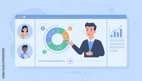 Engaging explainer video interface showcasing a dynamic presentation with a pie chart, bar graph, and speaker, illustrating online tutorial or training course concepts with diverse participants