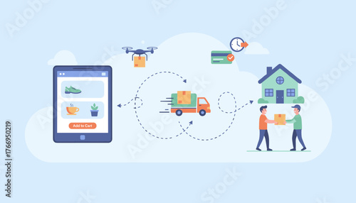 Explore a seamless online shopping service with a smartphone app, drone delivery, a fast truck, secure payment, and friendly doorstep package handover, illustrating the modern e-commerce logistics