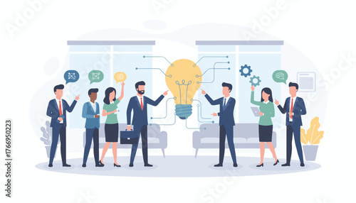 Diverse team of professionals collaborating and exchanging ideas around a giant glowing lightbulb, symbolizing innovation and smart thinking in a modern office setting, representing teamwork and