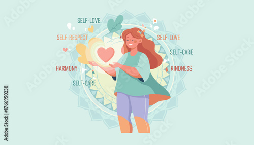 Vibrant illustration of a woman embracing self-love, self-respect, self-care, and kindness, radiating a glowing heart, symbolizing inner harmony and mental well-being, set against a serene mandala