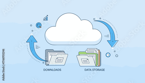 Flat illustration of cloud storage with arrows indicating data flow between downloads and data storage, featuring icons for analytics and time, representing digital information management and