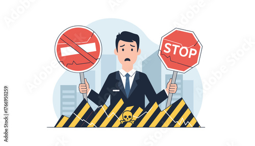 A distressed businessman holds two cracked warning signs, one a red circular prohibition sign and the other an octagonal stop sign, symbolizing confusion, risk, and business challenges amidst a city