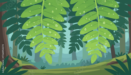 Vibrant fresh green fern leaves adorned with glistening water droplets, set against a soft-focus, misty forest background with trees and foliage, evoking a sense of nature's purity and morning dew.