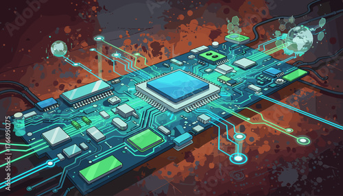 Vibrant futuristic electronic circuit board with glowing neon green and blue lines, representing data flow and global network connections, set against a textured, abstract background with hints of