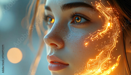 Digital Integration: A captivating portrait of a woman merges with glowing circuit patterns, representing a futuristic fusion of humanity and technology, hinting at innovation and the digital world.