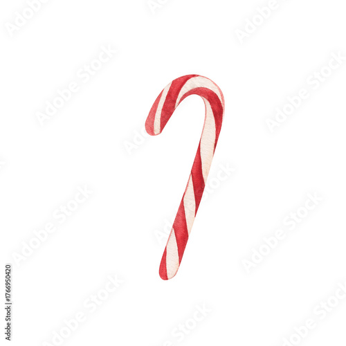 Watercolor striped red candy cane. Christmas elements. Hand drawn illustration