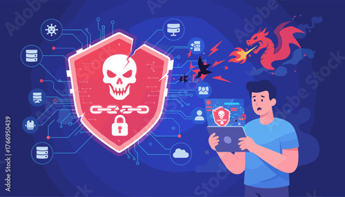 Cybersecurity threat concept: A person looking shocked at a tablet displaying a malware attack alert with a broken shield, skull, and chain, while a dragon breathes fire, symbolizing digital danger