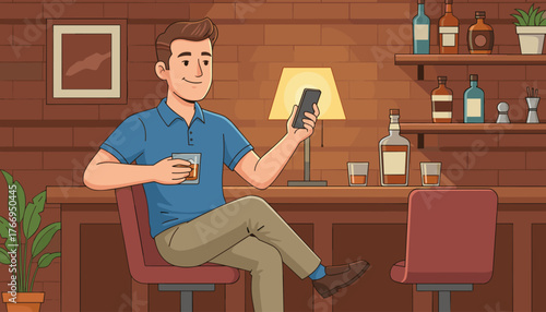 A casually dressed man sits at a bar, holding a glass of bourbon whiskey in one hand and a smartphone in the other, appearing to text or browse, with a lamp and bottles on shelves in the background